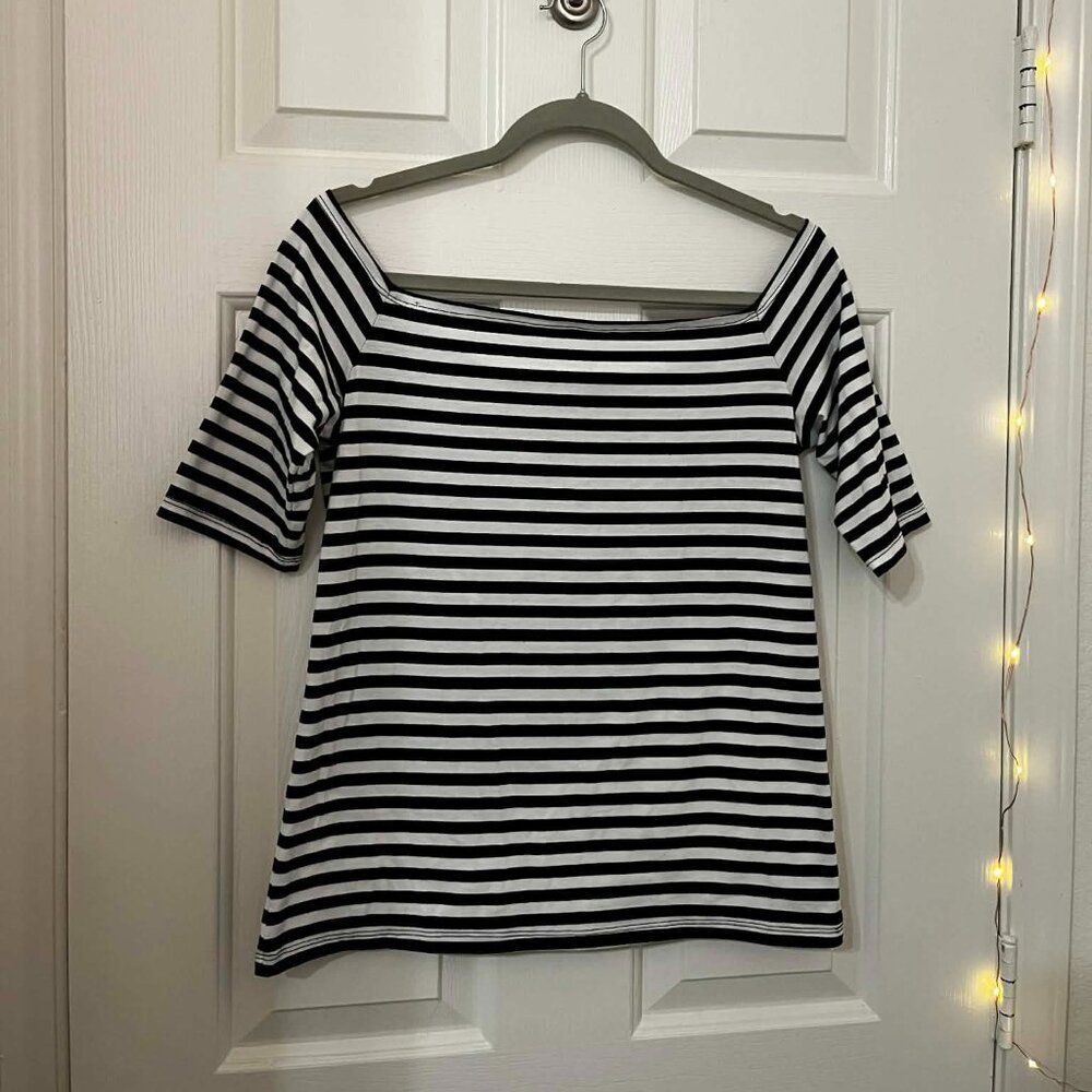 Black and White Stripe Half Sleeve Square Neck Top | NWOT